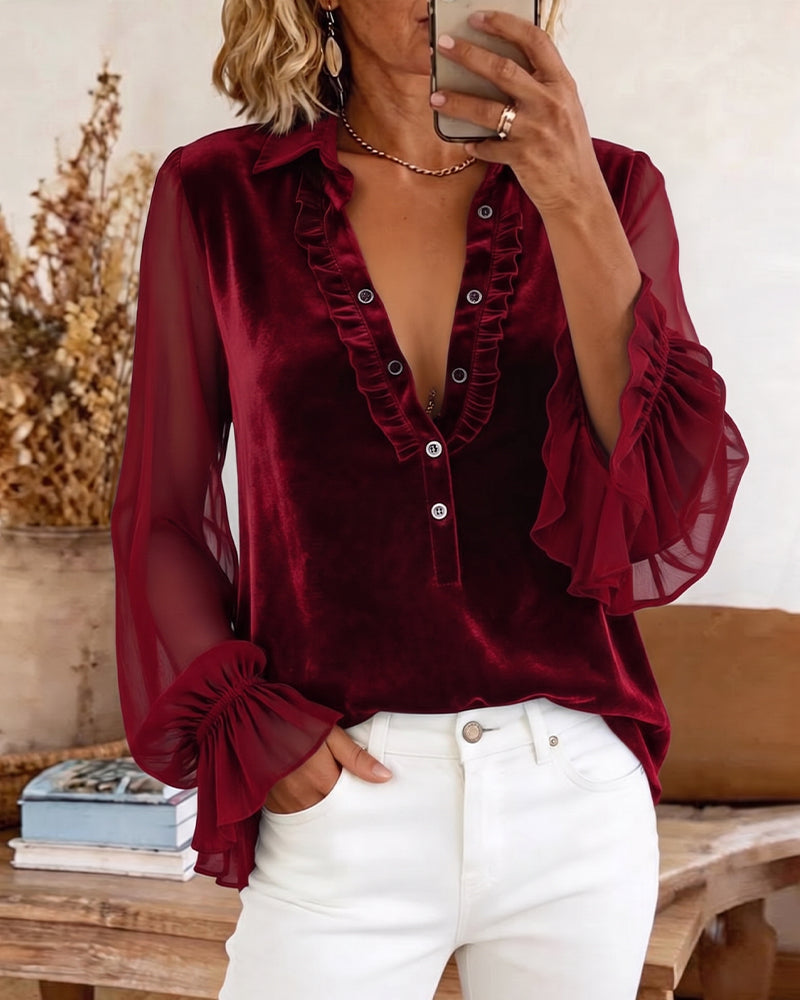 Bluse Fløyel Patchwork Rynket Erme