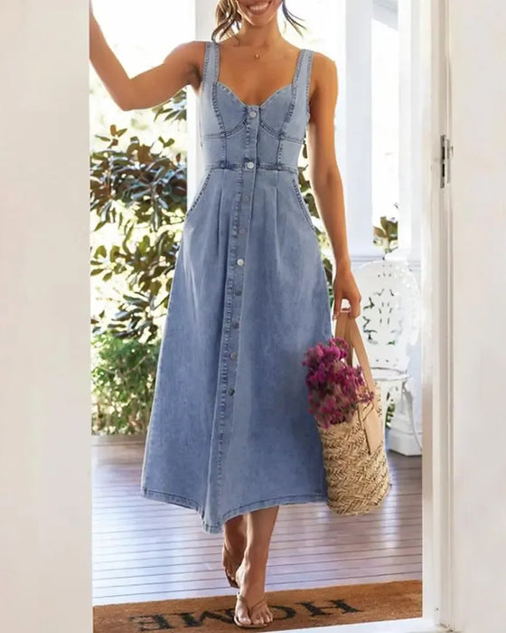 Kjole Spaghetti Stropp Knapp Midje Innsnørt Denim