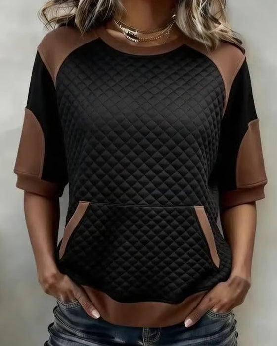 Bluse Rund Hals Lappeteppe Diamant Mønster