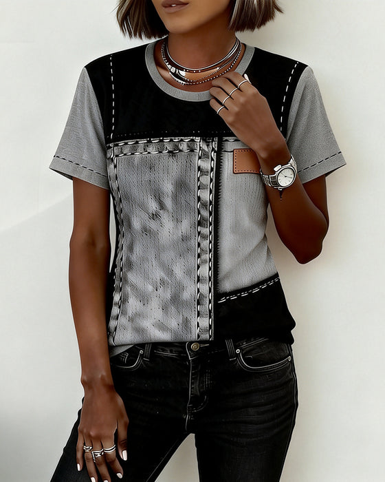 T-Skjorte Fargeblokkpanel Rund Hals Kortærme