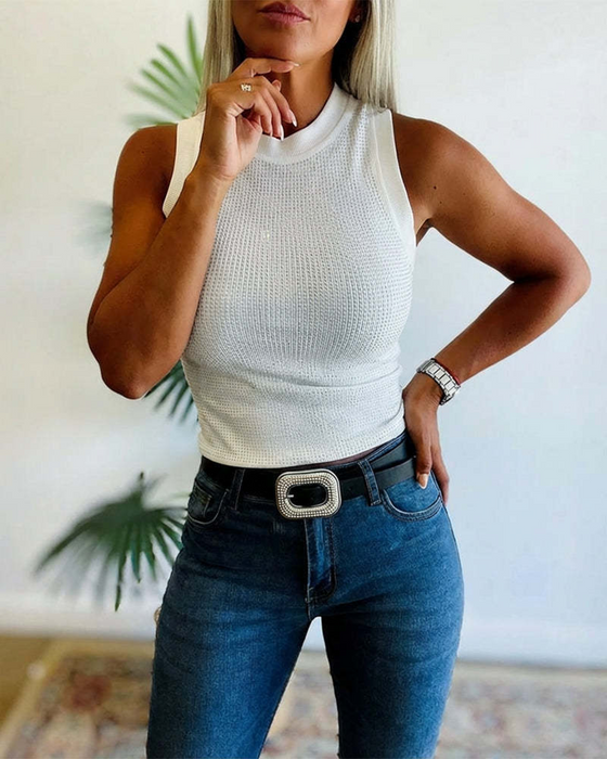 Tanktopp Ensfarget Ribbet Strass Tettsittende