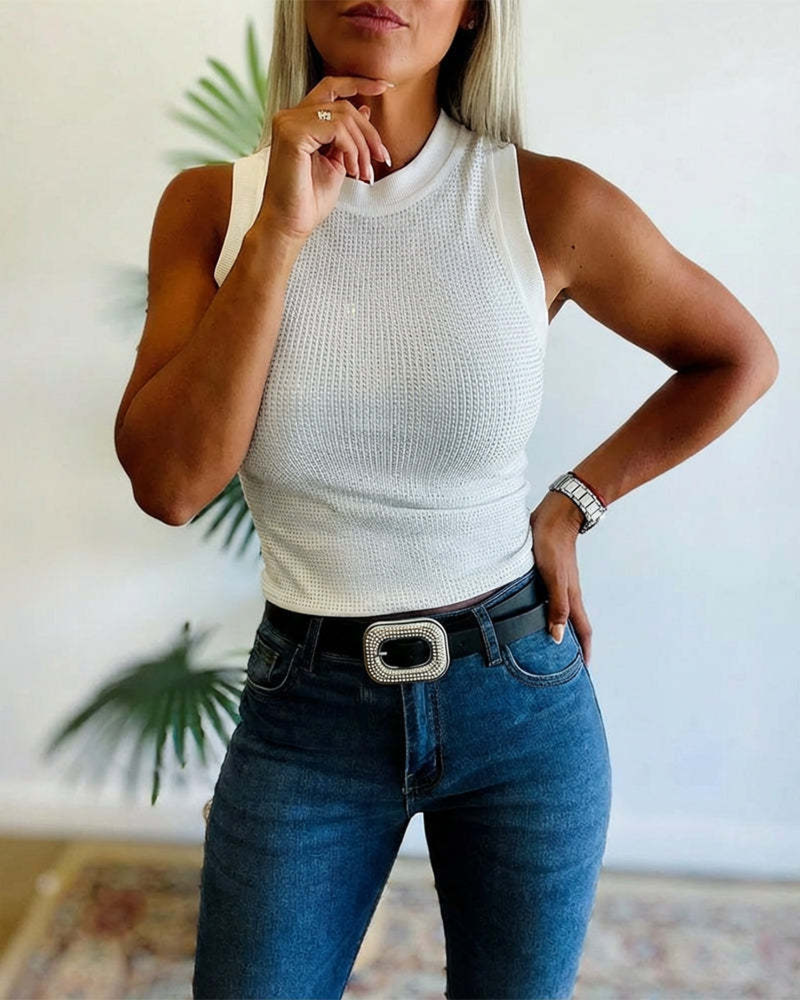 Tanktopp Ensfarget Ribbet Strass Tettsittende