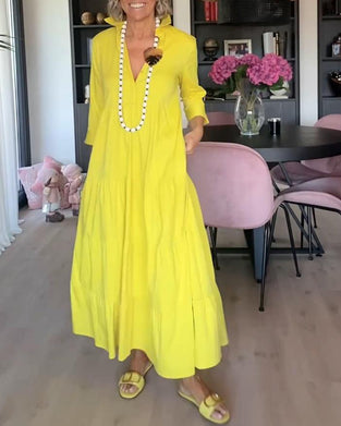 Uformell ensfarget kjole med jakkeslagslomme og patchwork