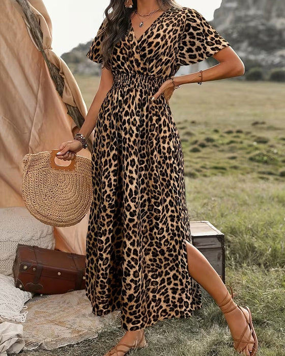 Kjole Leopard V-Hals Elastisk Midje A-Linje