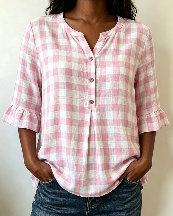 Bluse V-Hals Knapp Foran Rutete Ruffle