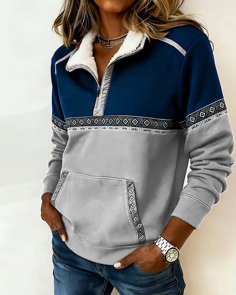 Retro Genser Med Fargeblokkering Og Pelskrage