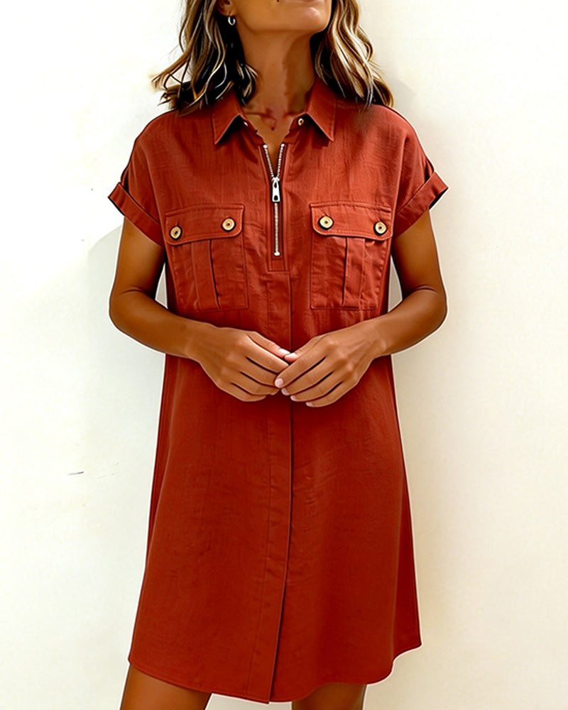 Kjole Glidelås Lomme Kort Erme Bomull Lin