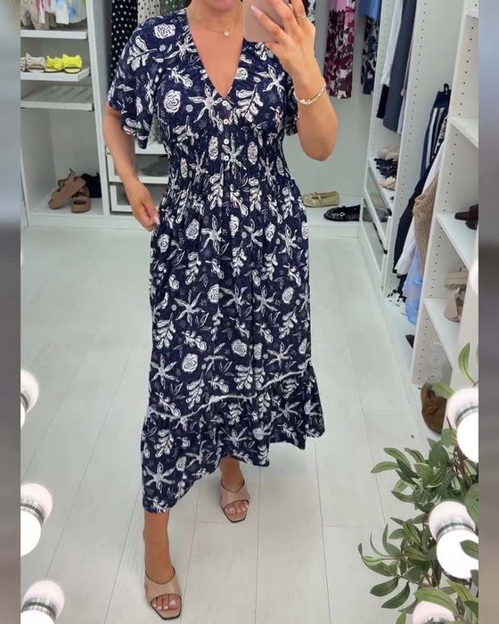 Kjole V-hals Løs Trykt Lang