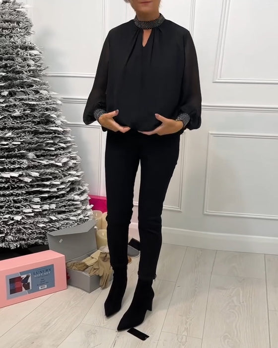 Mote ensfarget bluse med stativ krage patchwork og hul