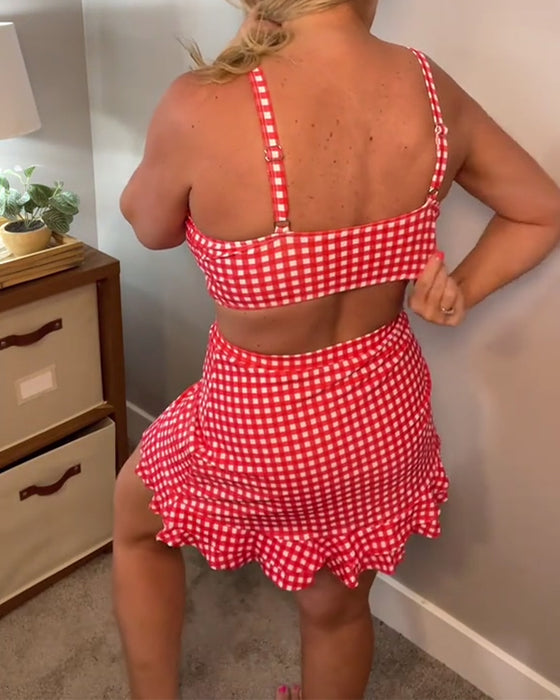 Badedrakt med avslappet stropper og rutete trykk i to deler