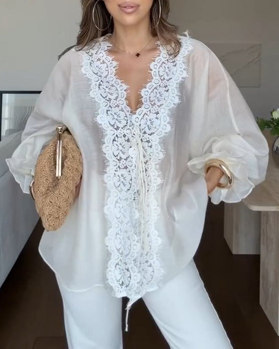 Bluse V-Hals Blonde Panel Ruffle