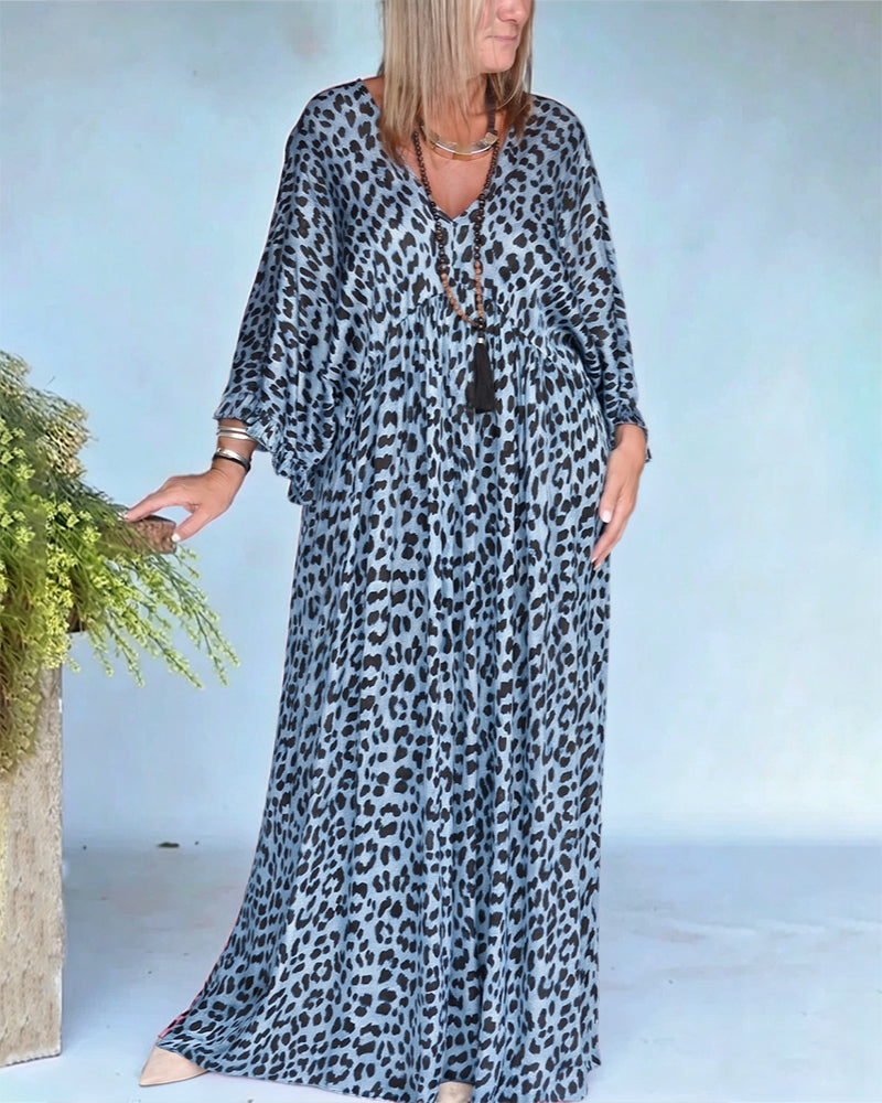 Kjole V-Utringning Leopardtrykk Loose Fit Avslappnet
