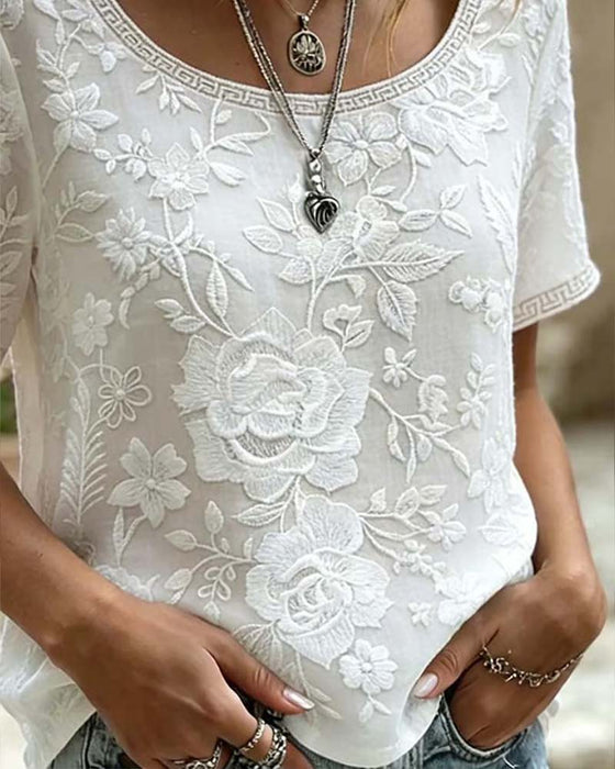 Bluse Rundhalset Brodert Blonder Patchwork