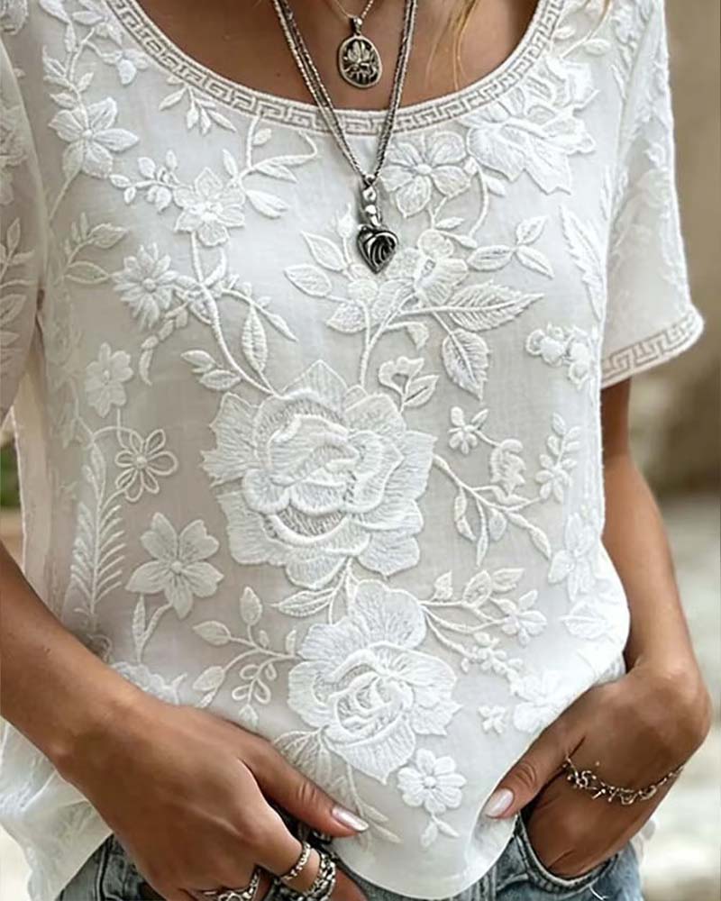 Bluse Rundhalset Brodert Blonder Patchwork