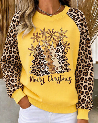 Sweatshirt Rund Hals Leopardmønster Juletre Fargeblokk
