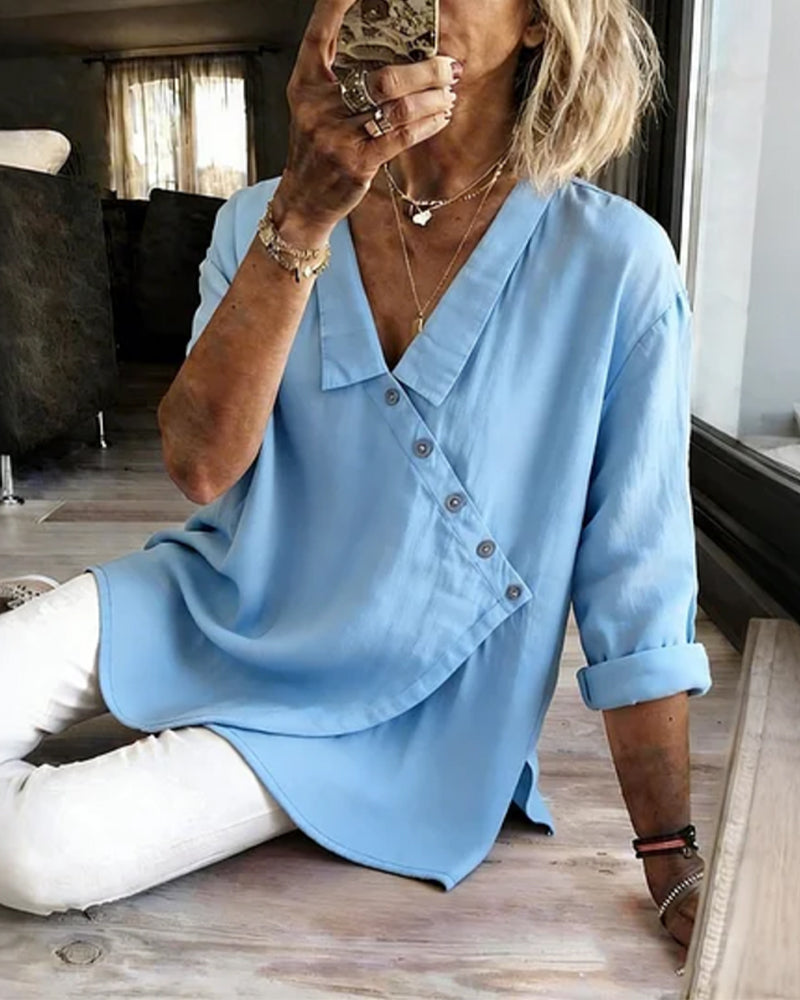 Bluse Med Asymmetrisk Diagonal Knappelukking Og Krage