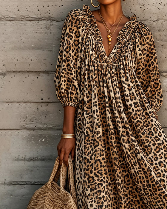 Kjole Leopard Trykk V-Hals Puff Erme