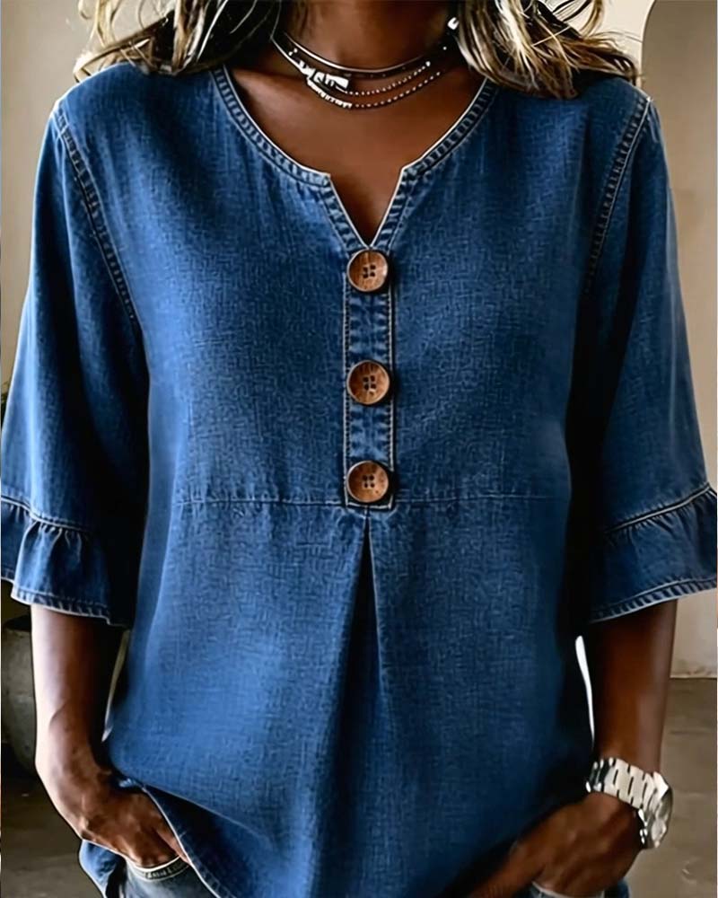 Bluse V-utringning Utsvinget Erm Denim