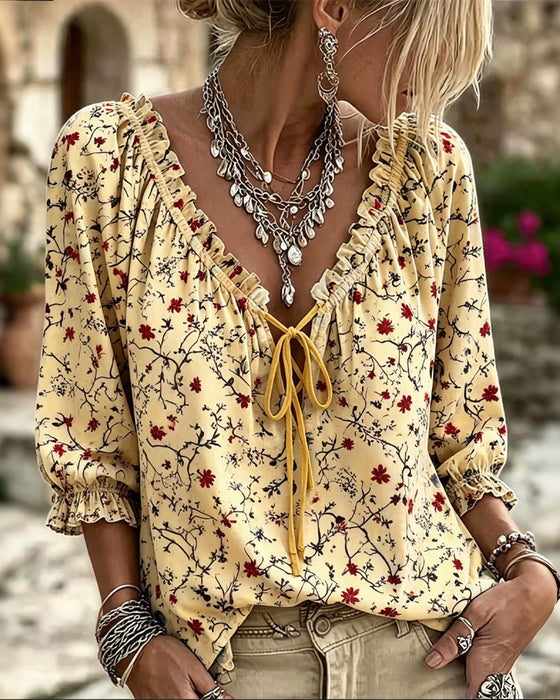 Bluse Liten Rød Blomst Blomstrende Slips