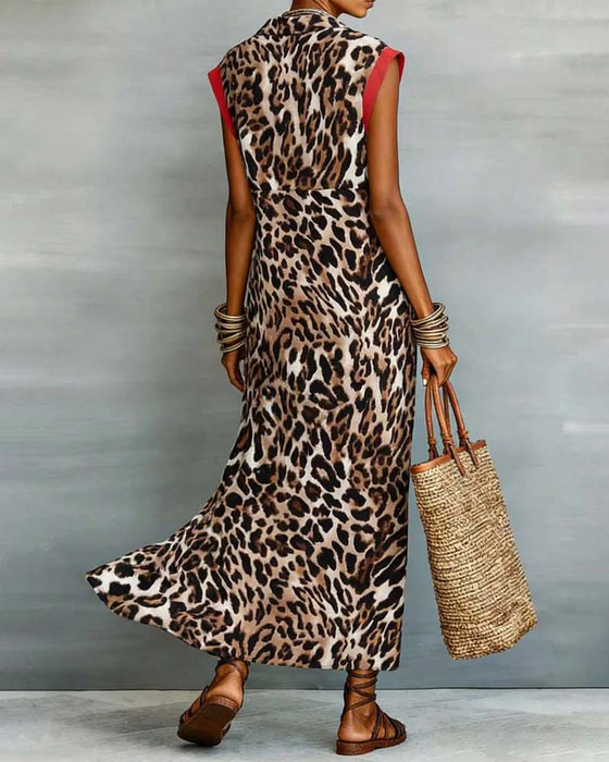 Kjole Slag Leopard Trykk Kontrast Maxi