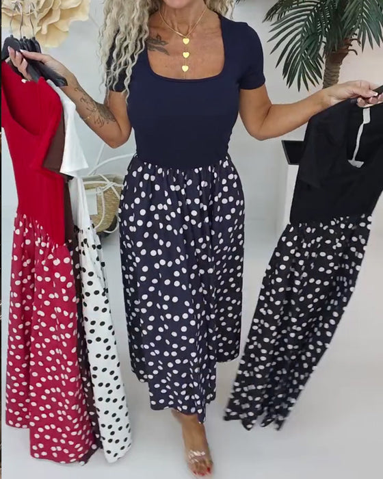 Kjole Firkantet Hals Polka Dot Patchwork