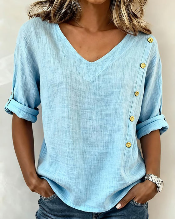 Bluse Bomull Knappdetalj V-hals