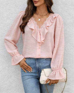 Bluse Kniplingspanel Rysjekant V-Hals