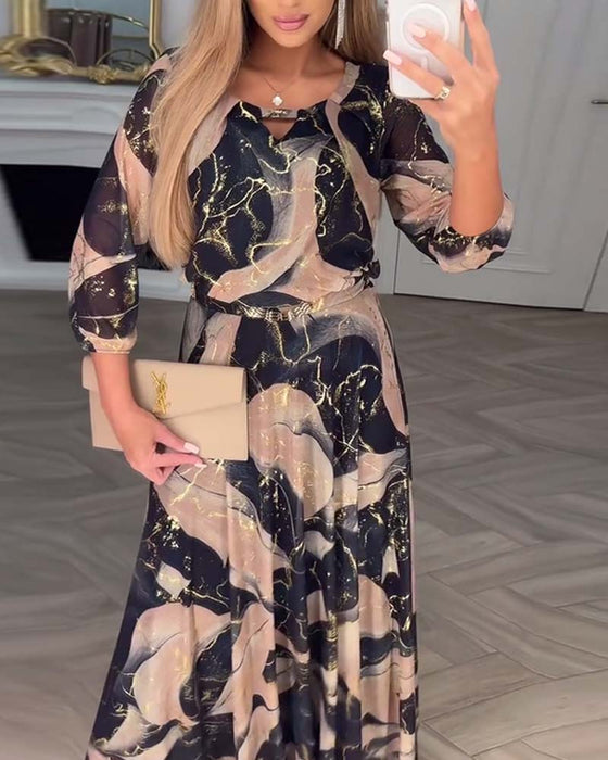 Kjole Elegant Trekvarts Erme Trykket Midje