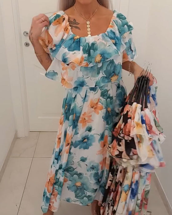 Kjole Akvarell Blomstret Off-Skulder Kake Lang