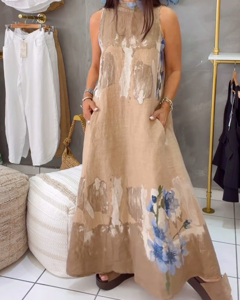 Kjole Ermeløs Blomstret Trykk Avslappnet Lang