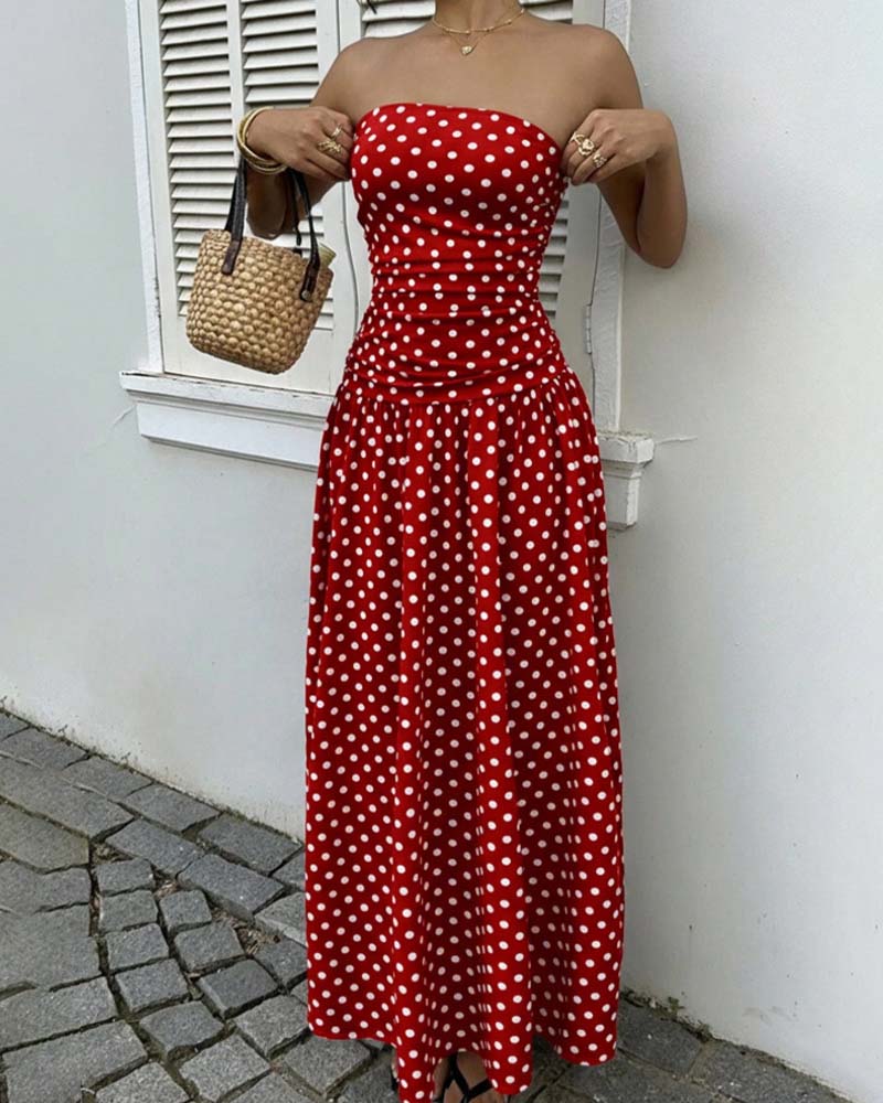 Kjole Prikket Bandeau A-Linje Lang