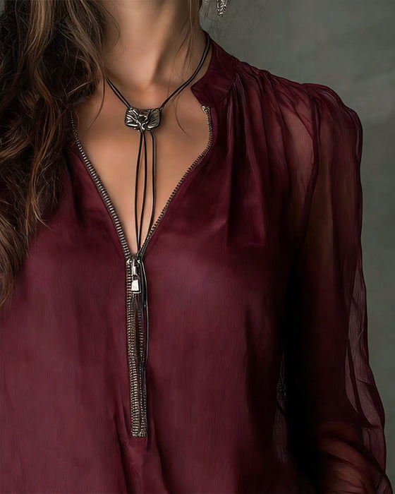 Bluse Halv-glidelås Mesh Lang-ermet