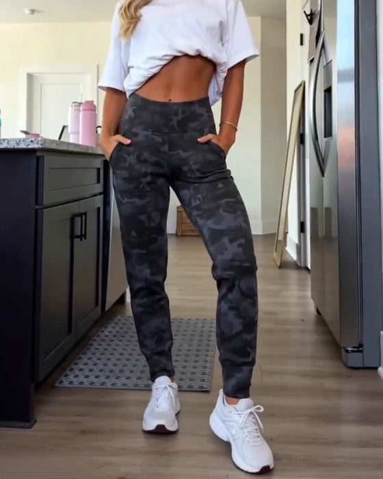Bukser Høy Midje Lomme Ensfarget Lang