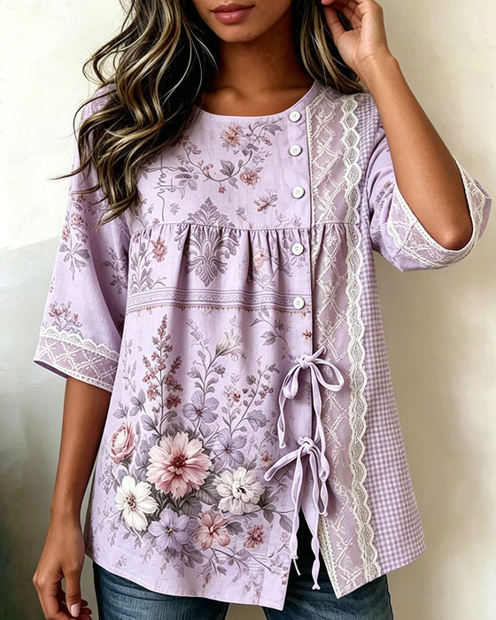 Bluse Retro Blomstermønster Avslappet