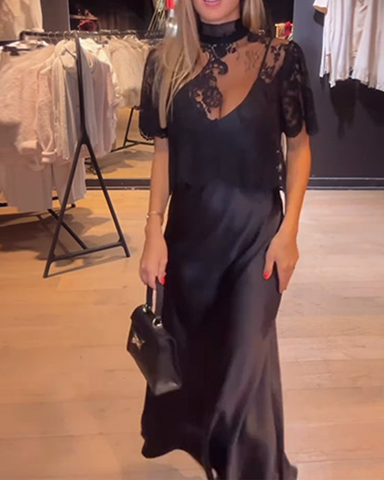 Sett Blonde Og Meshbluse Med Drapert Slipkjole