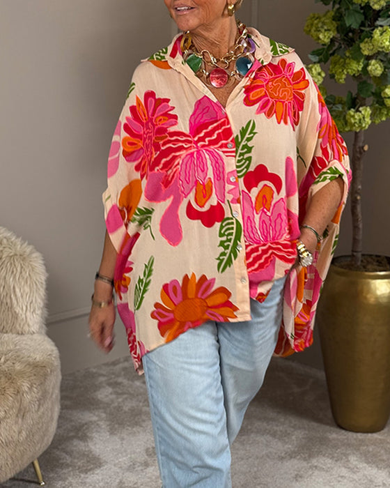 Bluse Revers Blomstret Asymmetrisk