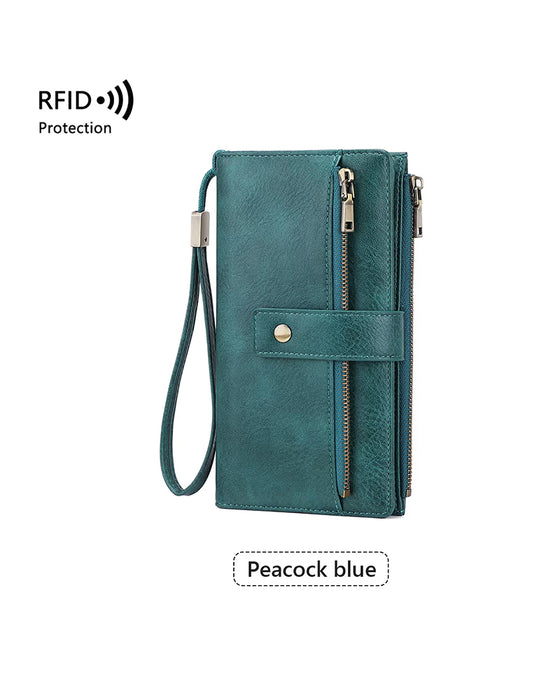 Dame lang lommebok, stilig clutch, elegant ensfarget lærlommebok med RFID-blokkering👛
