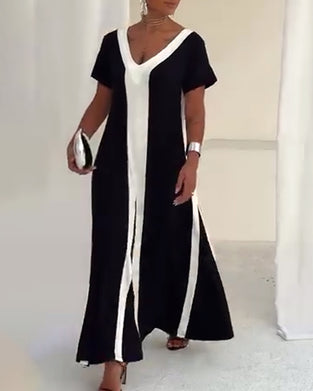 Kjole Temperament V-Hals Kontrastfarge