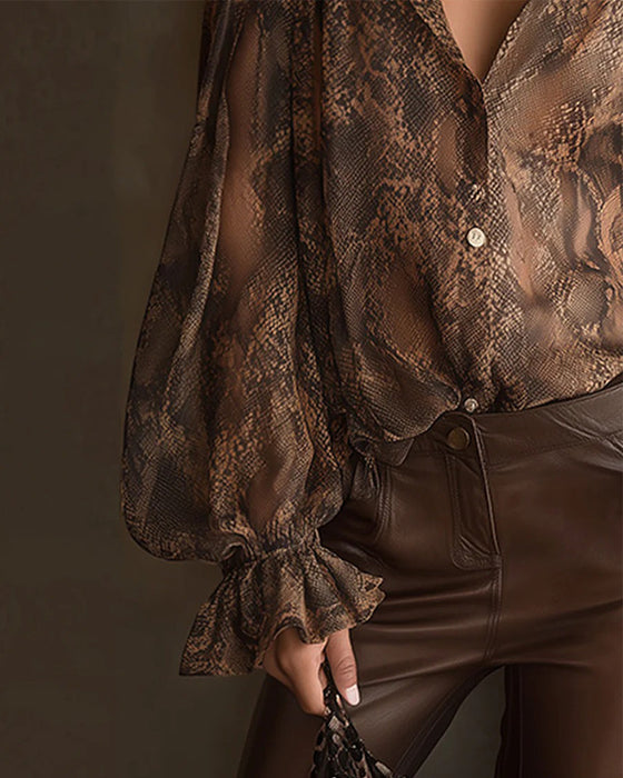 Bluse Moteriktig Flounce Erme Trykt