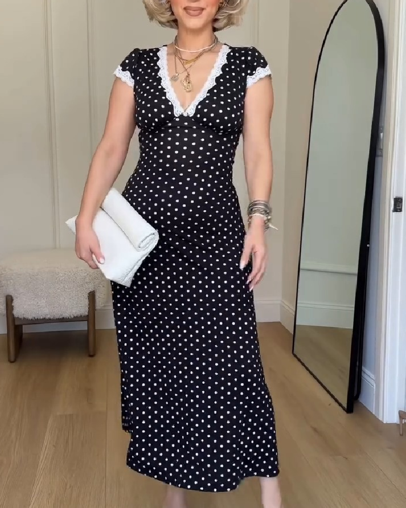 Kjole Retro Prikket Blondkantet