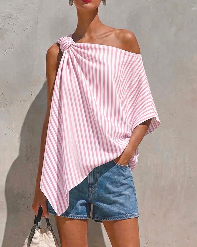 Bluse Stripet Løs Asymmetrisk Design