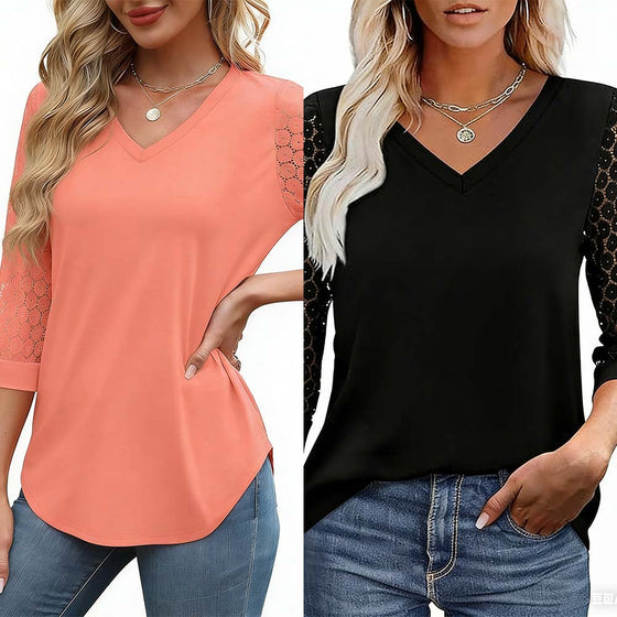 Sett Hul Trekvart Erme Solid Farge Topp
