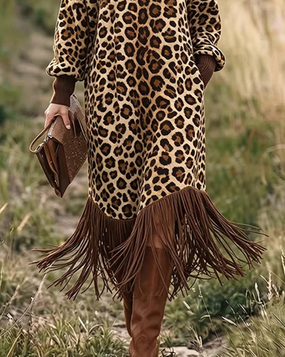 Kjole Leopard Trykk Frynselykt Ermer