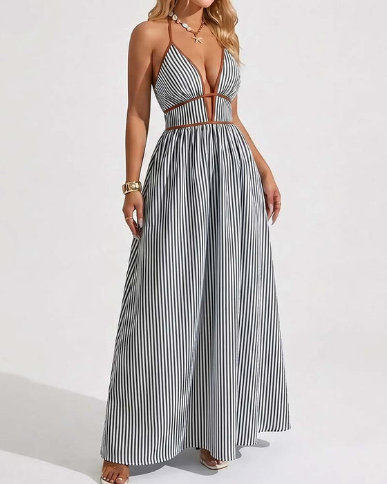 Kjoler Dyp V-Hals Spaghetti Stropp Stripe Lang