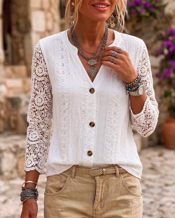 Bluse V-Hals Blonder Knapp Solid
