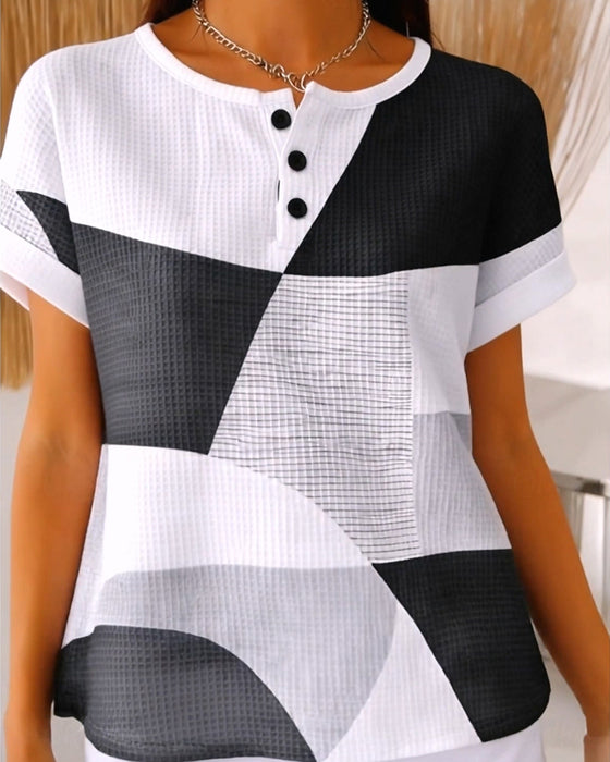 Bluse Rundhalset Knapp Fargeblokk Vaffel