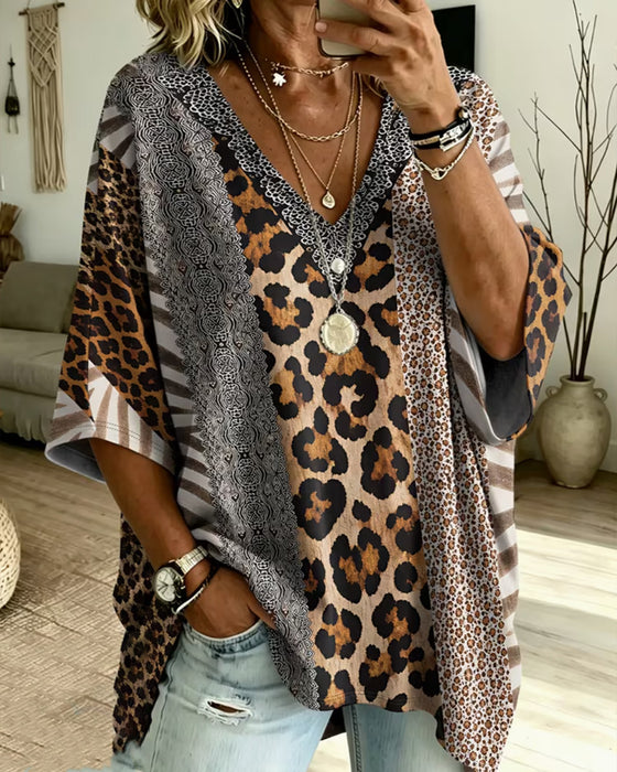 Topp Leopardmønster Patchwork V-Hals Avslappet
