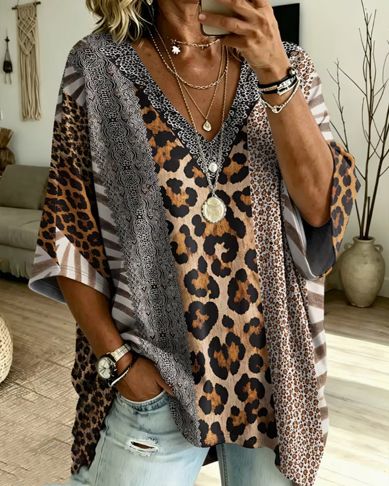 Topp Leopardmønster Patchwork V-Hals Avslappet