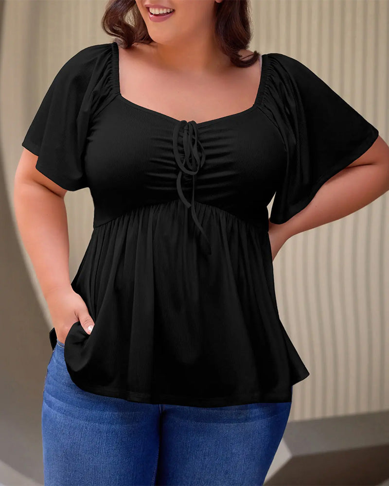 T-Skjorte Large Size Square Neck Bubble Sleeve