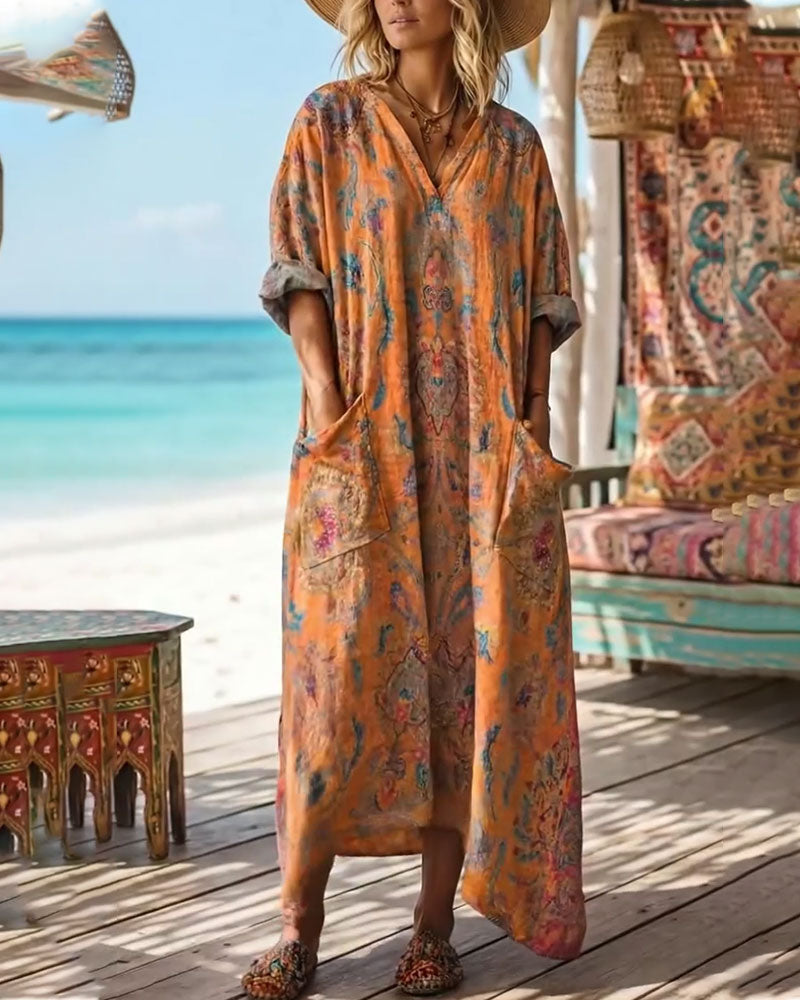 Kjole Retro Blomstre Trykk V-hals Maxi